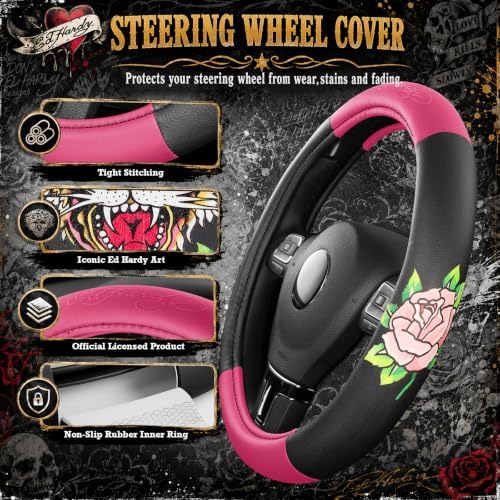 ED HARDY Tiger Print Steering Wheel Cover, Hot Pink Leather Universal Car - Image 4