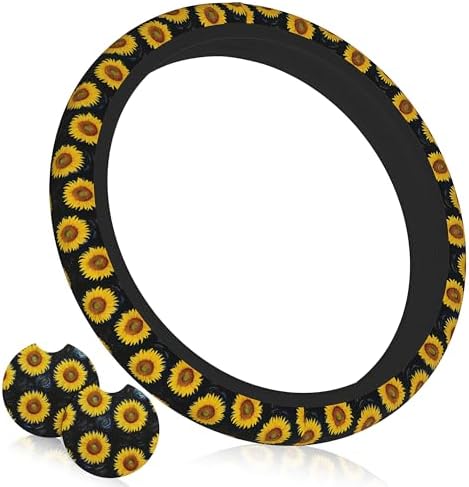Sunflower Steering Wheel Cover Floral Car Accessories+ 2 Car Coasters by Unknown