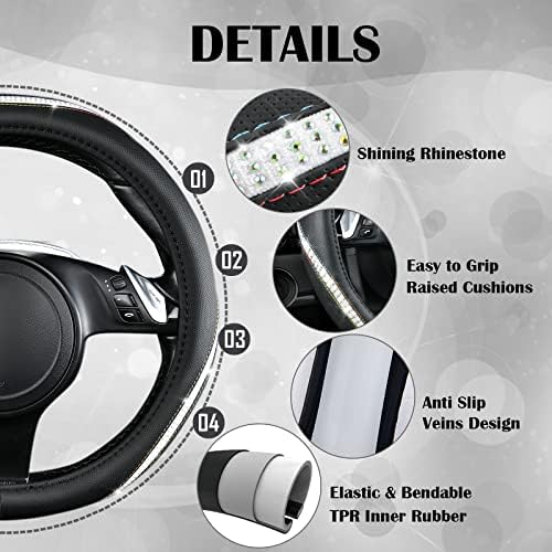 CAR PASS Bling Diamond Black Leather Steering Wheel Cover, Studded Crystal - Image 6