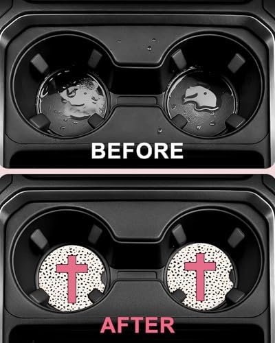 Swooflia Elegant Ceramic Car Coasters Pink Polka Dot Cross Car Decor - Image 4