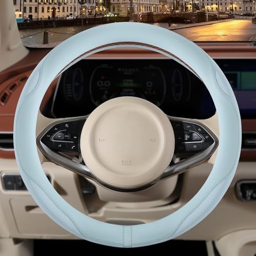 Nappa Leather Ice Silk Fabric Blue Steering Wheel Cover - Image 2