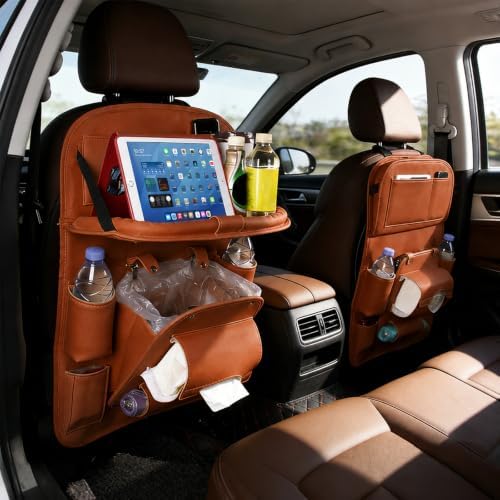 Car Backseat Organizer with Foldable Table Tray, PU Leather Seat Back Organizer by TENLBYC
