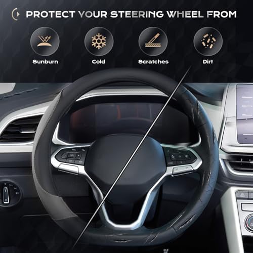 Coverado Car Steering Wheel Cover, Nappa Leather Black & Gray Steering Wheel - Image 6