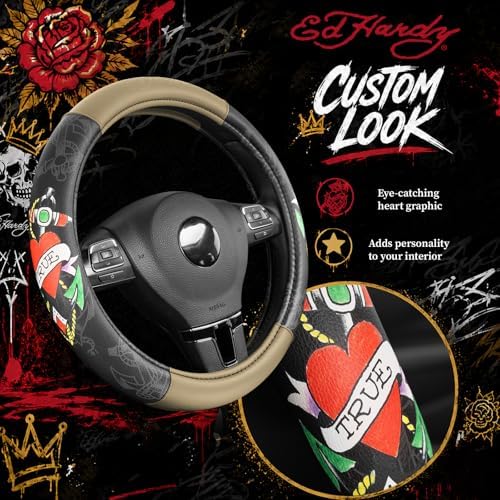 ED HARDY Heart Print Steering Wheel Cover, Fits 14.5-15.5 Inch Steering Wheels - Image 3