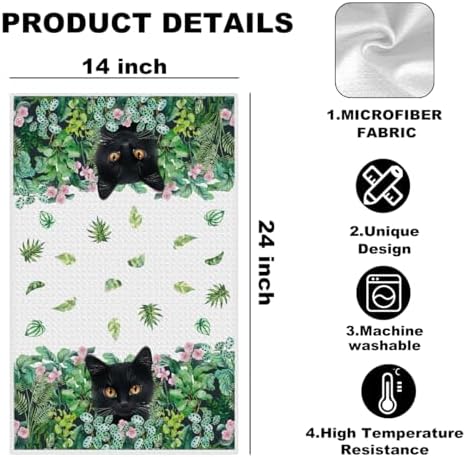 Cute Cat Tropical Plants Kitchen Towels, Spring Summer Greenery Hand Towels - Image 2