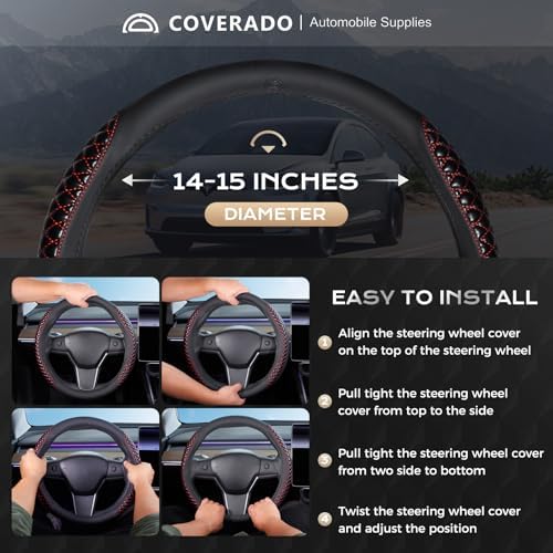 Coverado Car Steering Wheel Cover, Nappa Leather Black & Redline Steering Wheel - Image 5