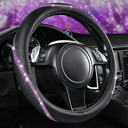 CAR PASS Bling Diamond Black Leather Steering Wheel Cover, Studded Crystal by CARPASS