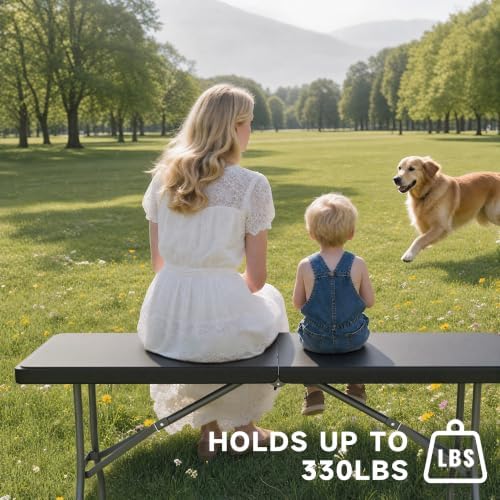6 Foot Folding Table Black, Sturdy 330LBS Capacity, Reinforced Steel Legs - Image 2