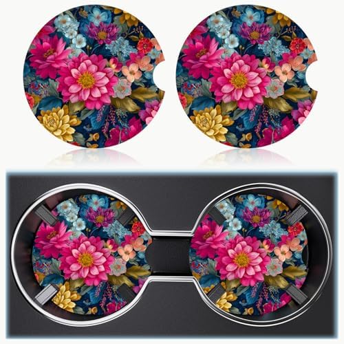Ceramic Car Cup Holder Coasters Set of 2, 2.56 in Colorful Flowers - Image 6