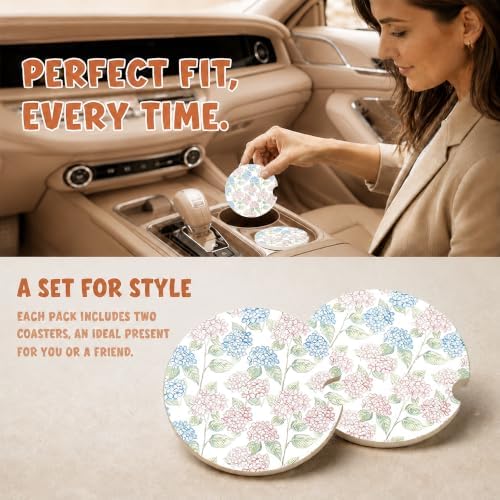 Blue Pink Hydrangea Car Coasters, Retro Coastal Floral Cup Holders - Image 2