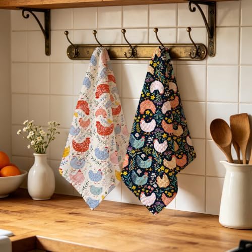 2 Pcs Cute Chicken Kitchen Towels, Floral Soft Absorbent Hand Tea Towel 01 - Image 4