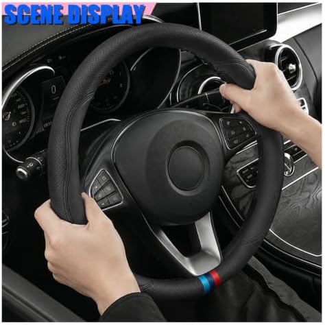 Craedli Black 3-Color Nappa Leather Car Steering Wheel Cover 14.5-15 Inch - Image 2