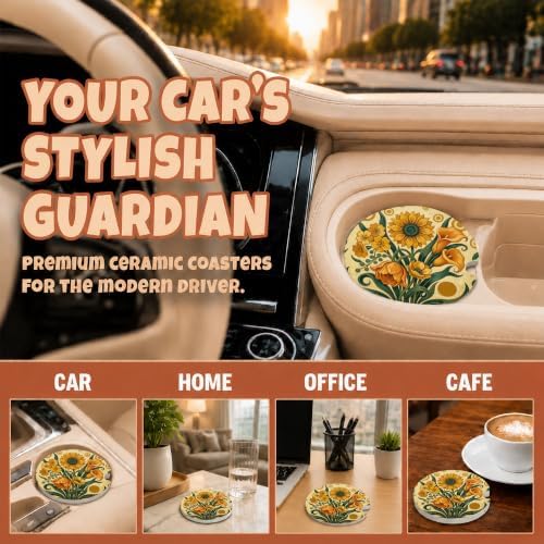Boho Sunflower Tulip Floral Car Coasters, Retro Country Cup Holders - Image 4