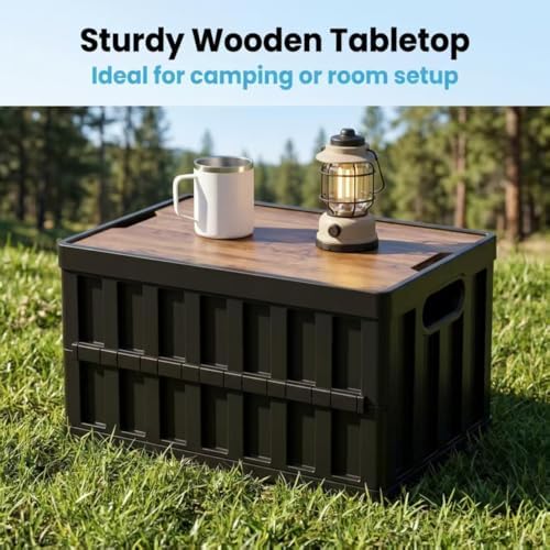 3 Pack 50L Black Collapsible Storage Crate Wooden Lid Stackable Bin - Image 5