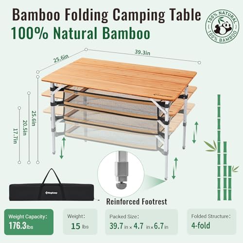 KingCamp Adjustable Height Bamboo Folding Camping Table - Image 2