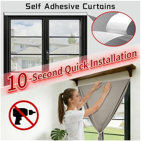 100% Blackout Self Adhesive Curtains, Fabric Temporary Window Coverings Easy to - Image 3