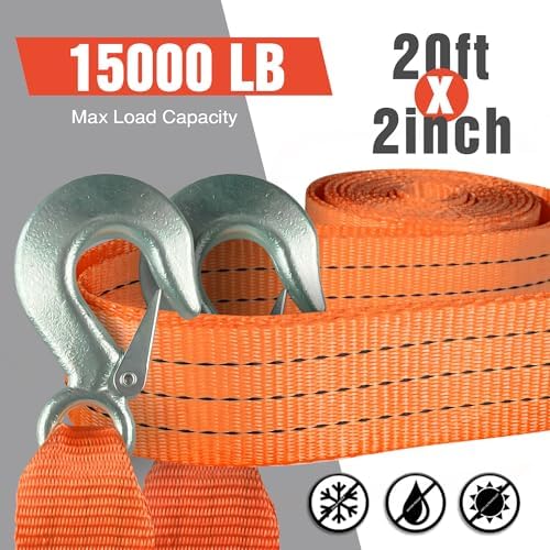 Tow Strap with Hooks 2”x20’ 15, 000 LBS, Tow Rope Metal Safety Hooks - Image 4