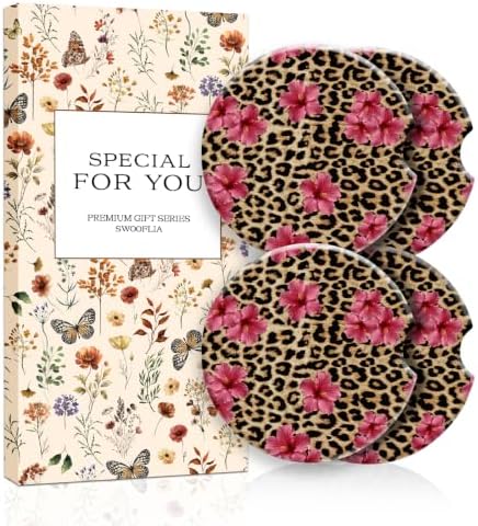 Swooflia Elegant Ceramic Car Coasters 4 Pcs Leopard Pink Flower Car Decor by Swooflia