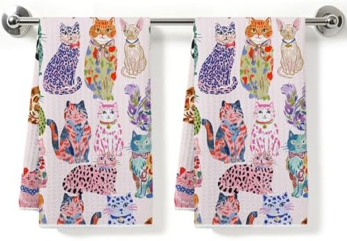2 Pcs Colorful Cat Kitchen Towels, Cats Soft Absorbent Hand Tea Towel by ZHAMEN