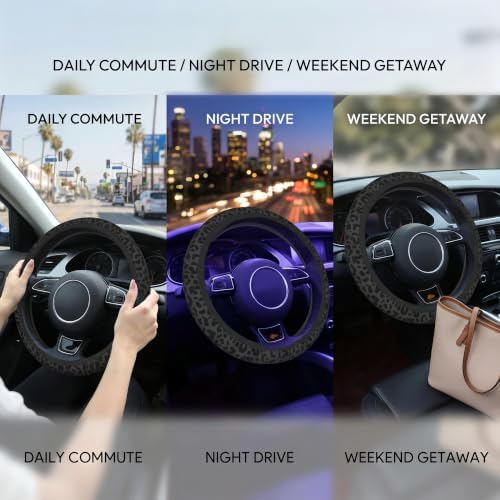 Black Leopard Print Steering Wheel Cover 15In + 2 Cheetah Car Coasters - Image 3