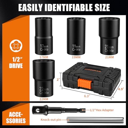 GIREORAN 6 Piece Wheel Lock Removal Kit, 1/2" Lug Nut Extractor Set - Image 6