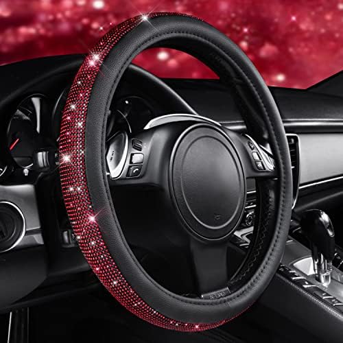 CAR PASS Red Diamond Black Leather Steering Wheel Cover, - Image 2
