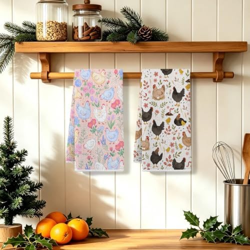 2 Pcs Cute Chicken Kitchen Towels, Floral Soft Absorbent Hand Tea Towel - Image 5