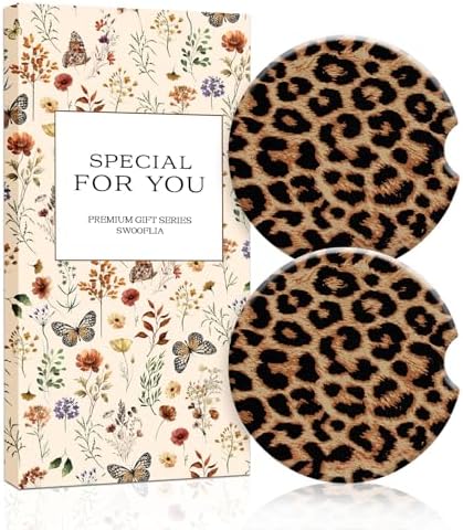 Swooflia Elegant Ceramic Car Coasters Classic Brown Leopard Car Accessories by Swooflia
