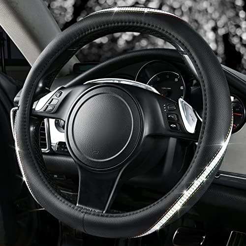 CAR PASS Bling Diamond Black Leather Steering Wheel Cover, Studded Crystal - Image 3