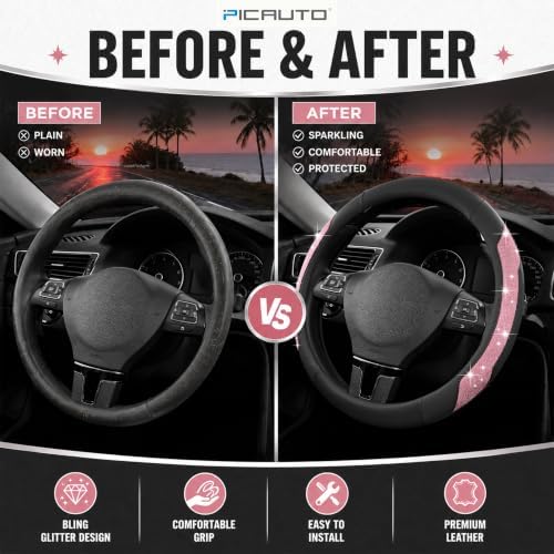 PIC AUTO Steering Wheel Cover, Hot Pink Sparkly Crystal Bling Glitter - Image 6