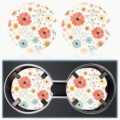 Ceramic Car Cup Holder Coasters Set of 2, 2.56 in Red Flowers - Image 6