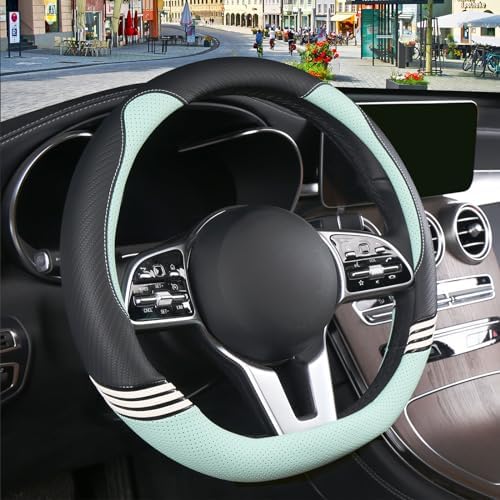 15 inch Cute Leather D Shape Steering Wheel Cover Black Green - Image 2