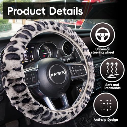 KAFEEK Gray Leopard Fuzzy Steering Wheel Cover - Image 5