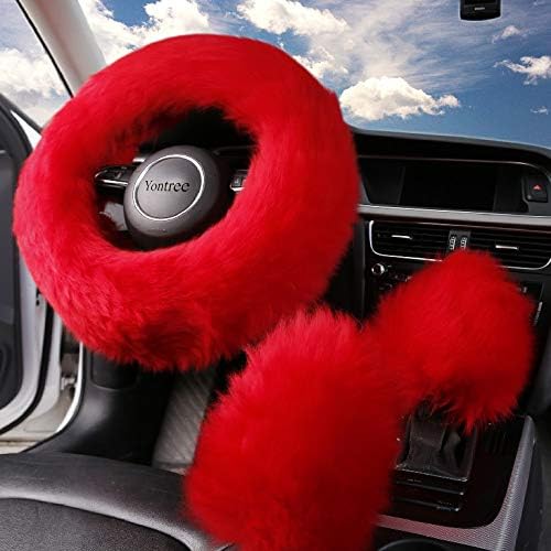 Red Fluffy Sheepskin Car Steering Wheel Covers - Image 2