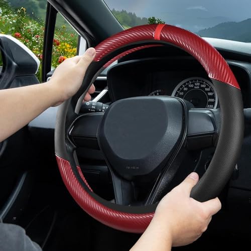 Black & Red Carbon Fiber Leather Steering Wheel Cover, 14.5-15 Inch Non-Slip - Image 3