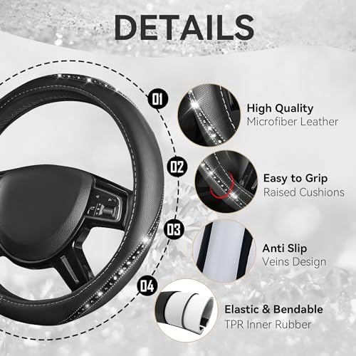 CAR PASS Bling Diamond Black Leather Steering Wheel Cover, Studded Crystal - Image 5