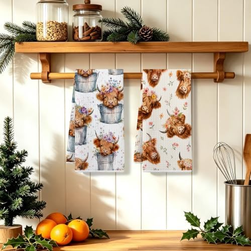 2 Pcs Cute Highland Cow Kitchen Towels, Cows Soft Absorbent Hand Towels 03 - Image 5