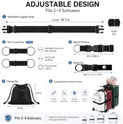 6-Piece Luggage Connector Straps Set, Adjustable Black Suitcase Accessories - Image 2