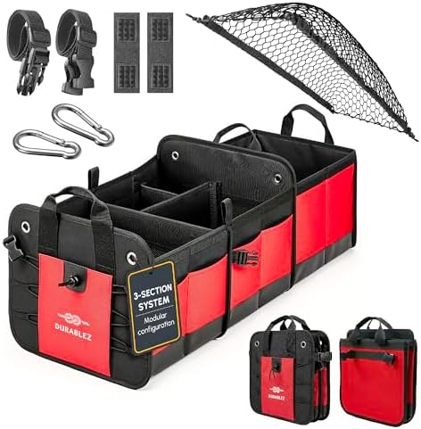 Large Car Trunk Organizer, Modular & Collapsible, 3 Compartment by DURABLEZ
