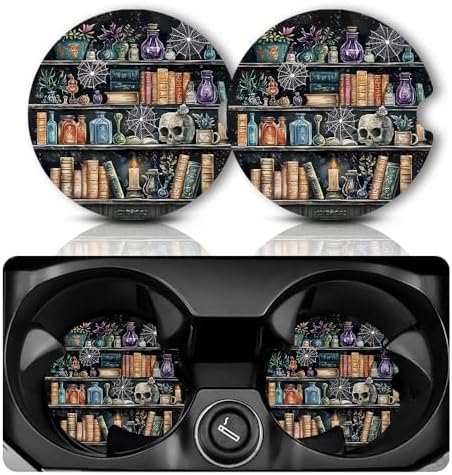 Yonlevres Car Coasters for Cup Holders, Gothic Bookshelf, 2 Pack 2.75" by Yonlevres