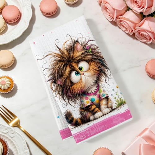 2 Pcs Funny Cat Kitchen Towels, Cat Theme Soft Absorbent Hand Tea Towels 02 - Image 2