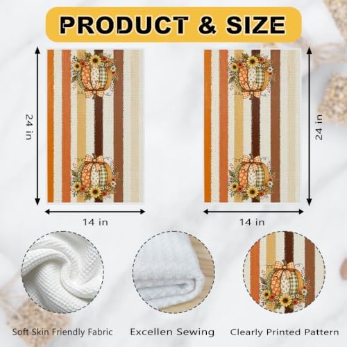 2 Pcs Pumpkin Fall Kitchen Towels, Striped Soft Absorbent Hand Tea Towels - Image 3