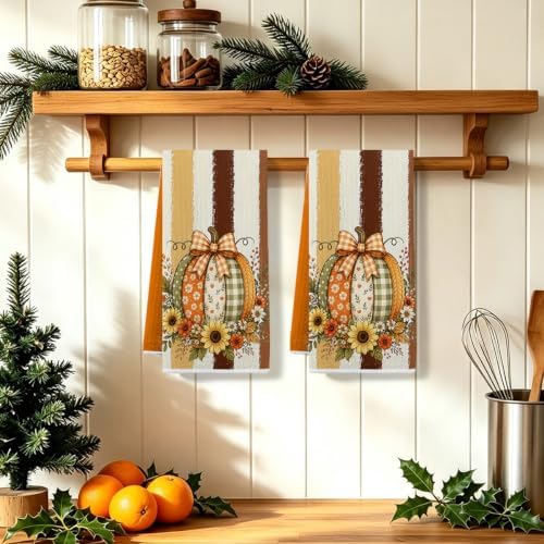 2 Pcs Pumpkin Fall Kitchen Towels, Striped Soft Absorbent Hand Tea Towels - Image 5