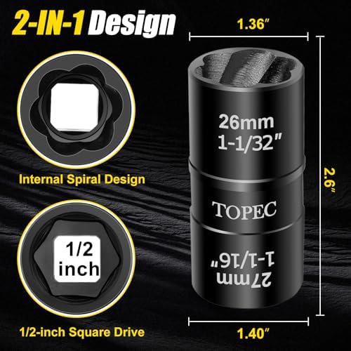Topec 26mm x 27mm Flip Lug Nut Extractor, 1/2" Drive Lug Nut Removal Tool - Image 2