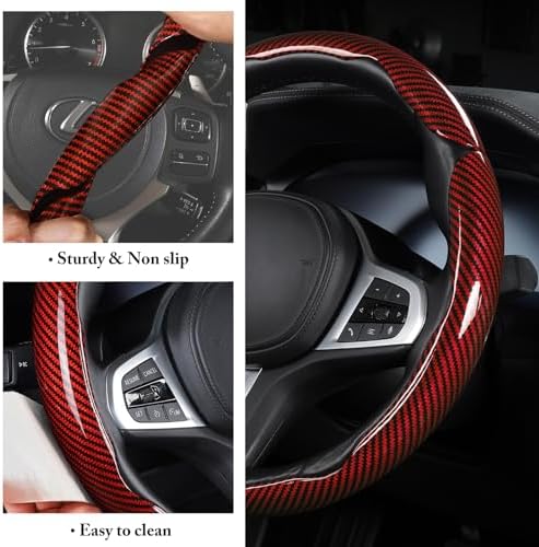 Carbon Fiber Steering Wheel Cover Universal 3pcs Protector Glossy Red - Image 5
