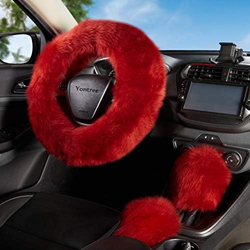 Burgundy Fluffy Genuine Sheepskin Steering Wheel Cover Set - Image 2