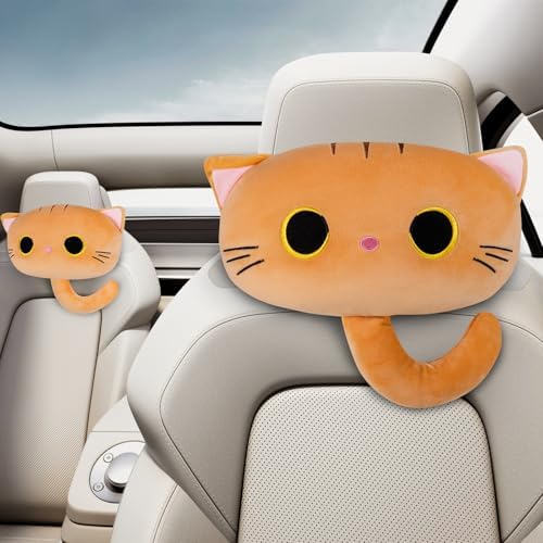 Yellow Cat Car Headrest Pillow Cartoon Car Seat Pillow Cat Neck Support Plush by Evolveover