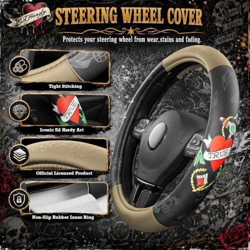 ED HARDY Heart Print Steering Wheel Cover, Fits 14.5-15.5 Inch Steering Wheels - Image 4
