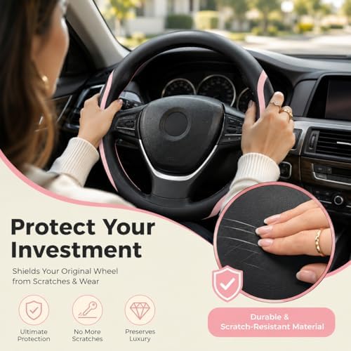 Steering Wheel Cover Black and Pink Leather Universal 14.5-15 inch - Image 5