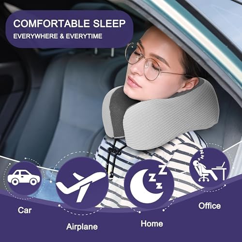 napfun Neck Pillow for Travel, Memory Foam Airplane Pillow, Mist Gray - Image 6